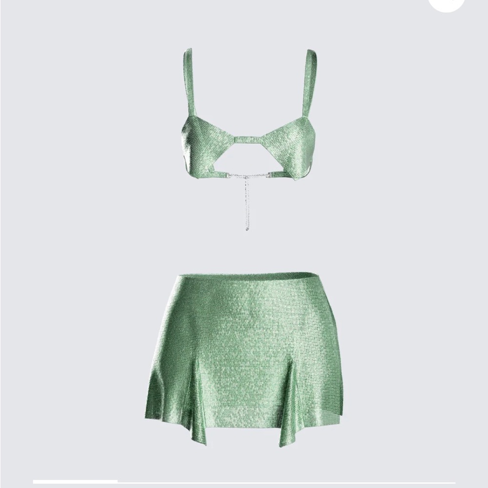 Lula Levitating Set Green Rhinestone Top and Mini Skirt